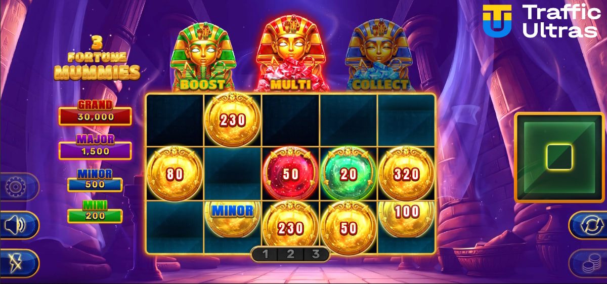 Banner de la tragamonedas 3 Fortune Mummies con el logotipo dorado sobre un templo azul