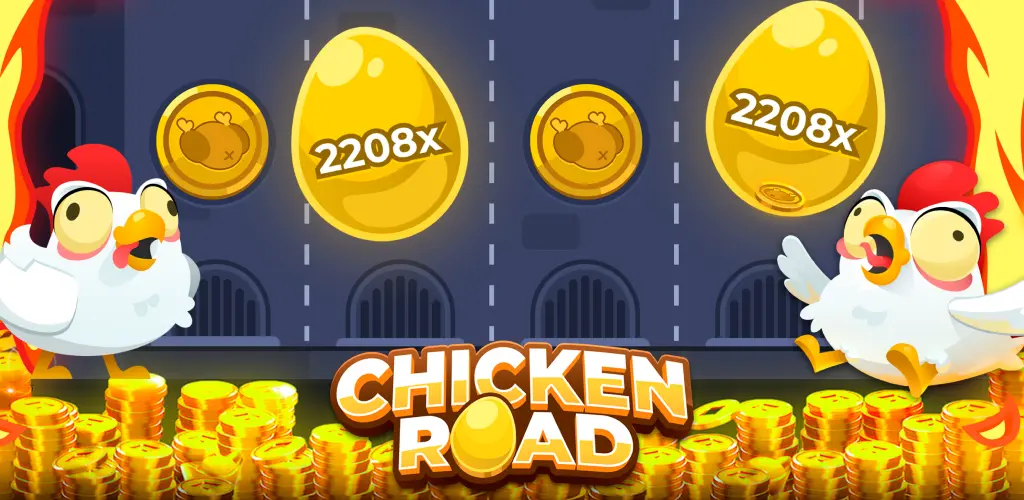Portada del juego Chicken Road con una gallina cruzando una carretera de carriles