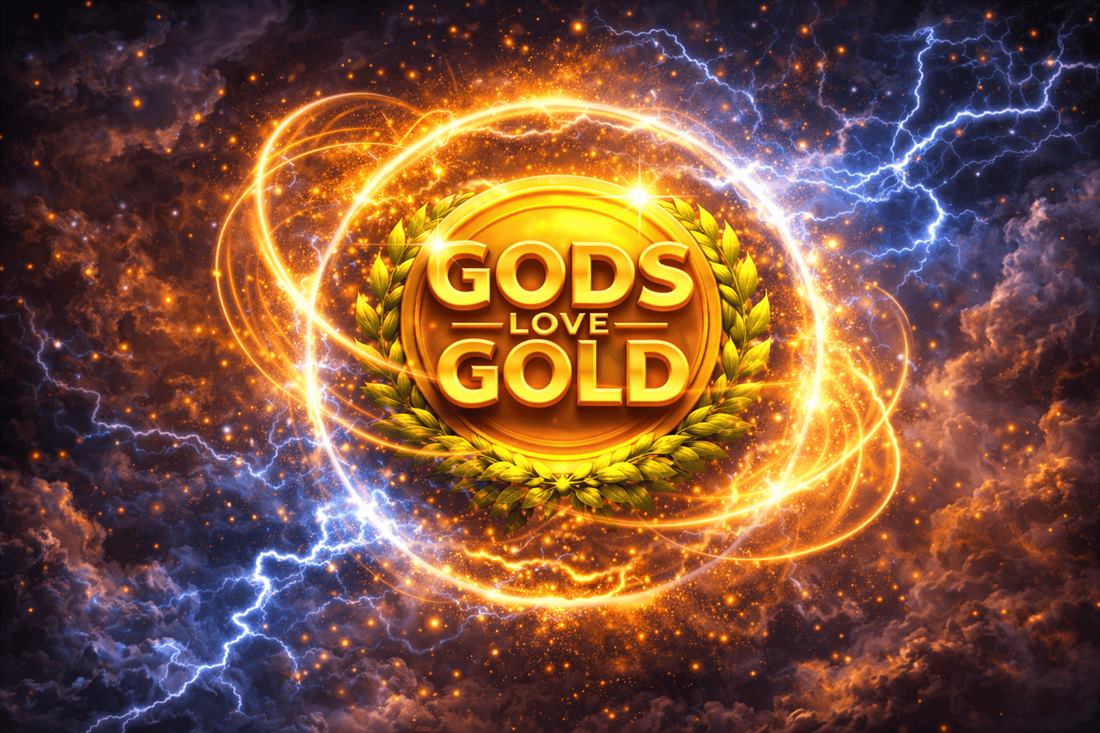 Símbolos dorados de Gods Love Gold con laureles, monedas y detalles de la iconografía griega
